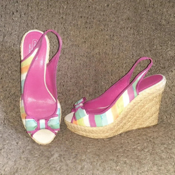 COACH-Grace-Pink Blue Rainbow Stripe Wedge Slingback-Straw Wedge-Sz 10-Near Mint - Picture 1 of 7